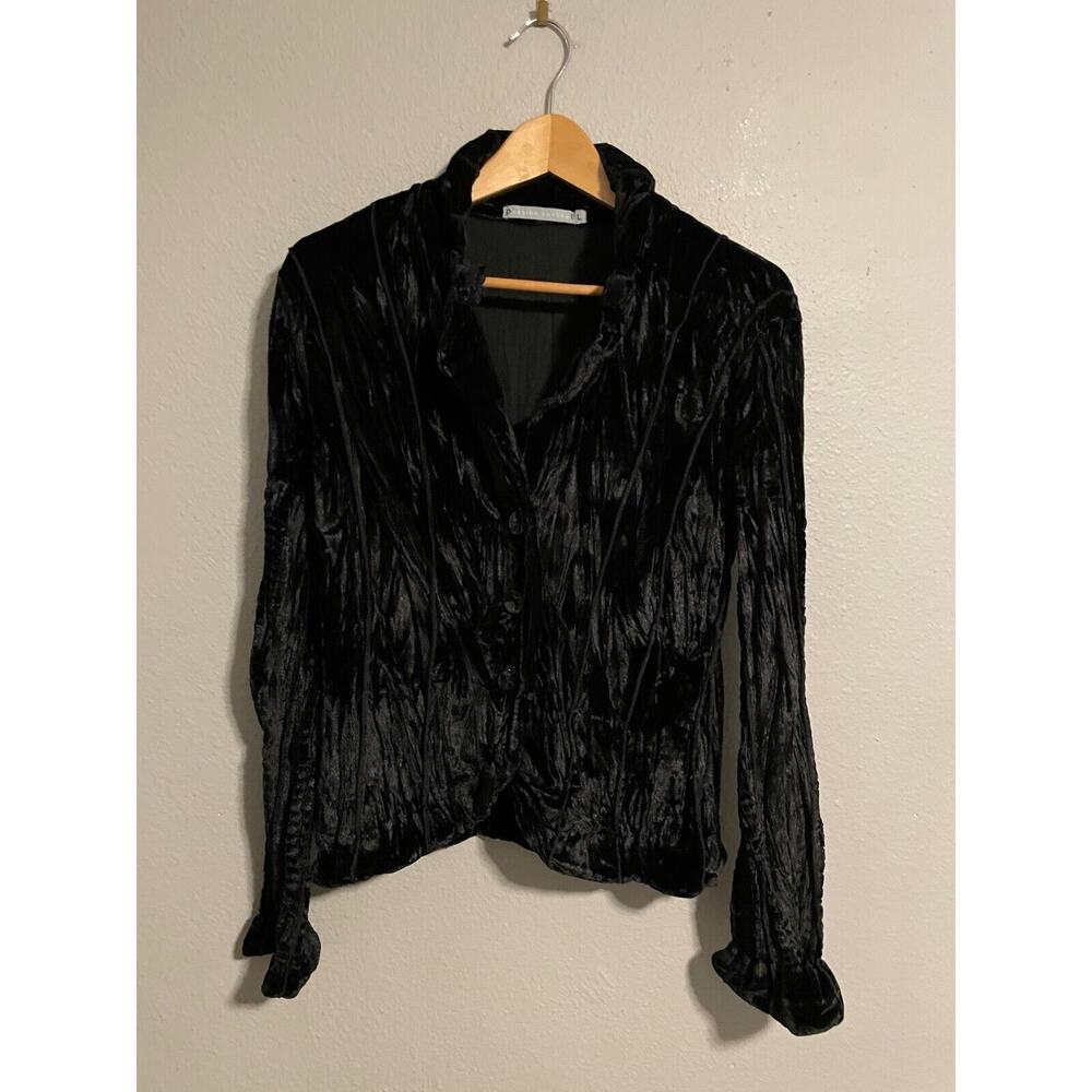 Passion Concept Womens Blazer Large Black Velvet Button Up Stretch Whimsigoth
